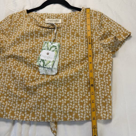 A Bin Metiseko Organic Cotton Yellow Leaf Print Top Size XS New w/ Tags Back Tie - Picture 13 of 13